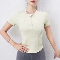 Pakaian Yoga Atasan Olahraga Lengan Pendek Wanita Kaos Setengah Resleting Musim Panas Lari Slim-fit Kerah Fitness
