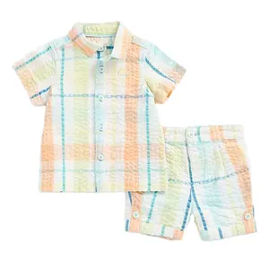 2023 गर्म बिक्री बच्चों के कपड़े बच्चे गर्मियों लघु आस्तीन टीशर्ट शॉर्ट्स दो टुकड़ा प्लेड मुद्रित दो टुकड़ा आकस्मिक लड़का कपड़े