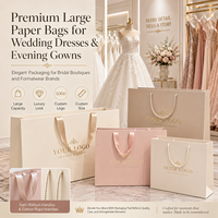 Sac de robe de mariée en carton ivoire avec poignée en ruban de satin de luxe et autocollants en papier de soie personnalisés pour boutique de mariée