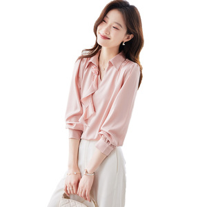 Women's Pink Satin Shirt Long Sleeve Solid Color Asymmetry <b>Wrap</b> Tie Office Blouse Q9972 - Product Image 5
