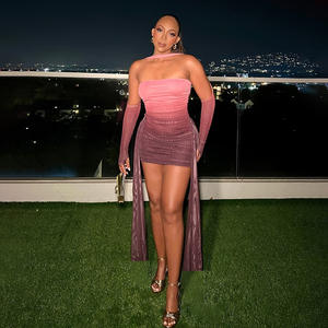 Abito Beige Monospalla a Manica Lunga con Guanti Trasparenti, Corpetto Aderente, Mini Abito Sexy da Sera per Donna - Product Image 3