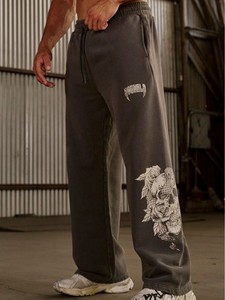 Pantalones Deportivos Góticos Marrones con Cordón, Corte Recto, Casuales, con Estampado de Calavera y Rosas, Cintura Elástica, Largos, para Hombre - Product Image 1
