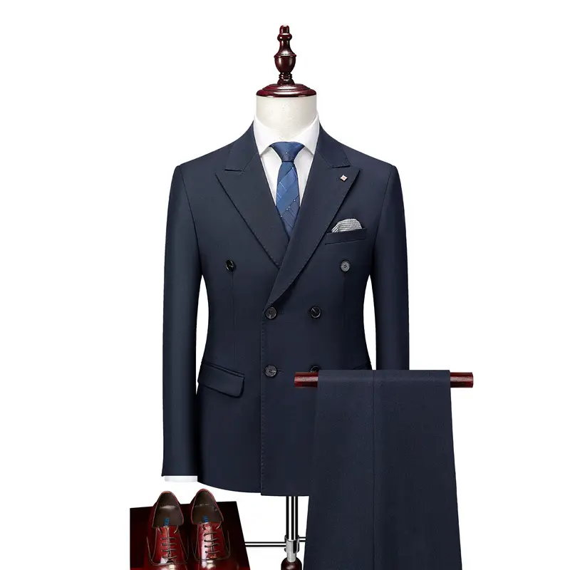 High-End Blue Double-Breasted 2 Piece of Men'S Suits & Blazer Tailored Business Men Suit Jacket Pants