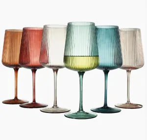 Ripple Colored Wine Glasses Set of 6 Crystal Fluted Big Long Stemmed Glasses Gift Hosting Vintage Style Drinking Glassware