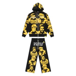 Tuta Unisex Y2K Hip Hop con Stampa Integrale, Felpa con Zip e Pantaloni Larghi, Set Streetwear Nero e Giallo - Product Image 5
