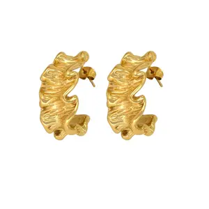 FANJIN Gold Silver Tarnish Free Curve Stainless Steel Hoop Earrings Chic Textured C-Shaped Metal Ribbon Jewelry Suppliers