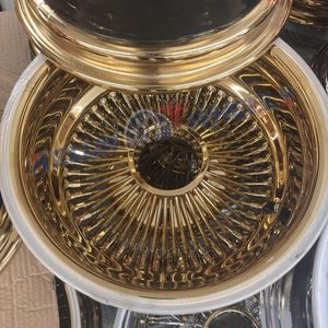 Rueda de acero cromado de 13*<span class=keywords><strong>7</strong></span>, 14/*<span class=keywords><strong>7</strong></span>, <span class=keywords><strong>100</strong></span> radios rectos, completamente dorada, 2/3 barras, tipo Knock-Off, adecuada para Lowrider, rueda de radios de alambre. - Product Image 2