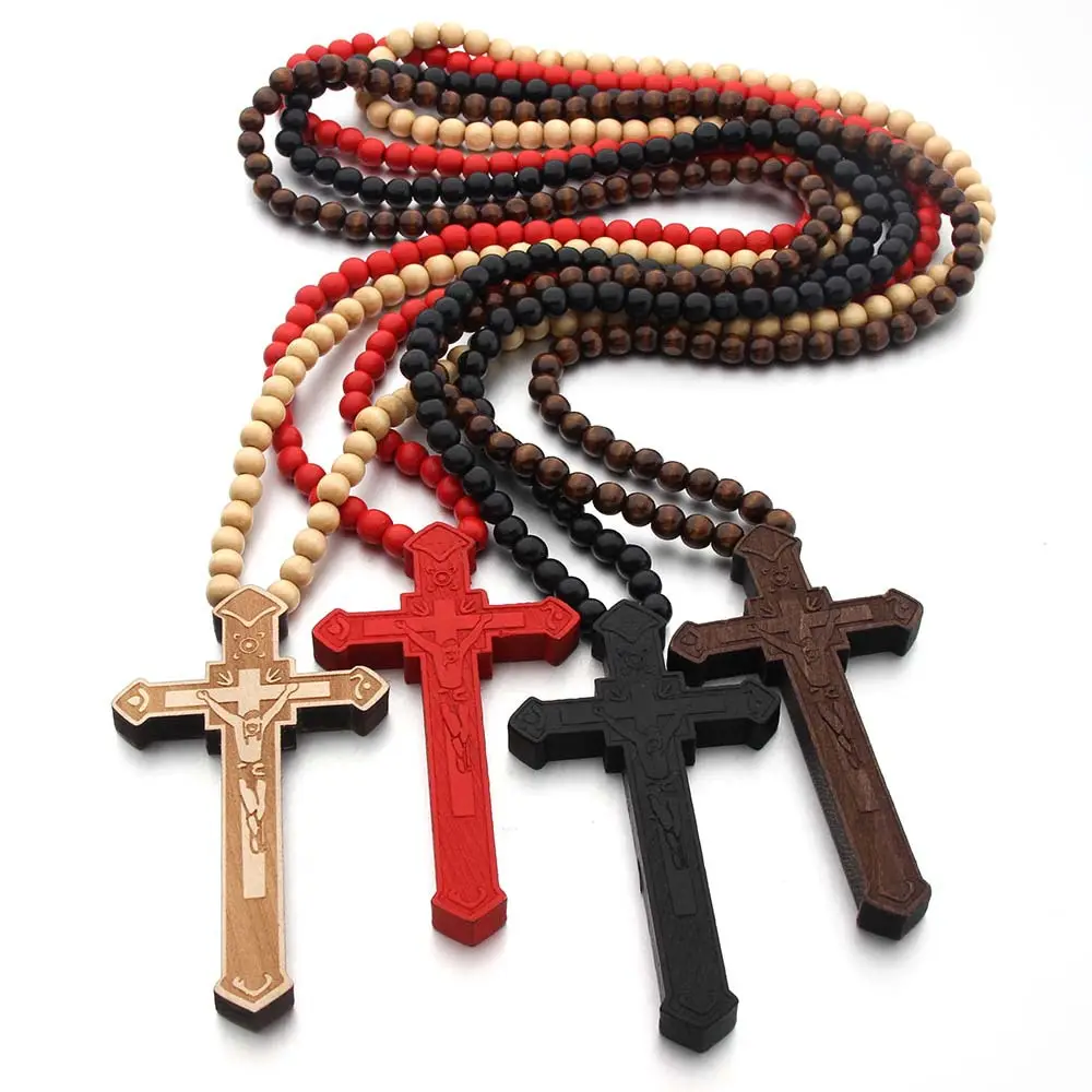 Vente en gros d'ornements religieux vintage mode bijoux chrétiens catholiques colliers perles en bois croix pendentif chapelet collier