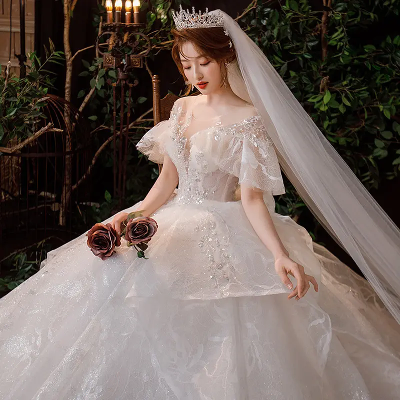 2022 china factory Direct selling main white wedding dress crystal beads sequins luxury vestido de noiva bridal Wedding Dresses