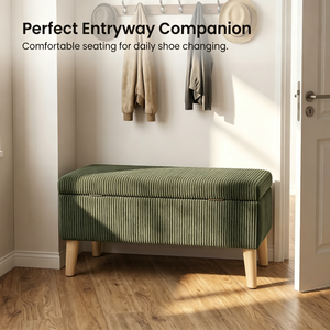 Panca contenitore in velluto a coste verde oliva, larga 32 pollici, con gambe in legno, coperchio ribaltabile e imbottitura morbida, per fondo letto - Product Image 5