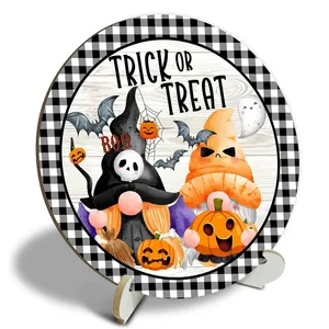 Placa de madeira redonda para decoração de mesa de Halloween, bandeja de madeira para fazenda, com suporte, bandeja em camadas para Halloween