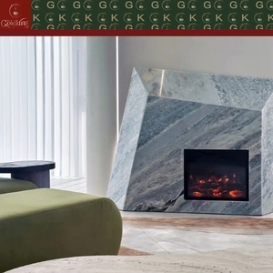 Chimenea Moderna GOLDKING para Interiores de Villas, con Revestimiento de Mármol Azul Cristal, Gris Claro con Vetas Azules Suaves, Corte Geométrico Asimétrico - Product Image 4