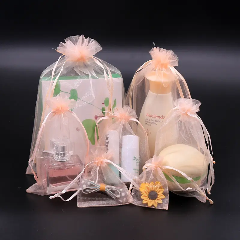 Bolsa de Organza con logotipo personalizado impreso para regalo, bolsa con cordón para boda, fiesta, joyería, regalo, embalaje de dulces