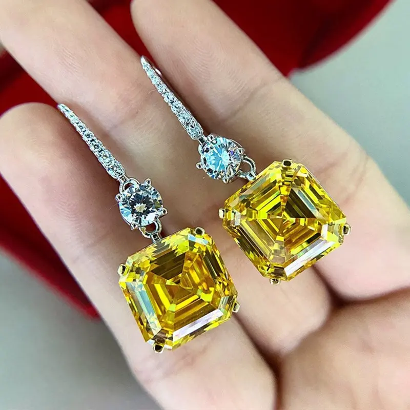 Lochoshi — bijoux de mariée plaqué argent pour femme, boucles d'oreilles pendantes en forme de carré en Zircon jaune, bijoux de princesse