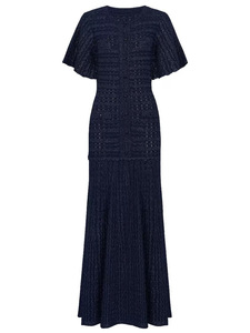 Vestido casual francés de alta resistencia con cuello redondo, mangas abullonadas brillantes y diseño hueco de diamantes. - Product Image 1