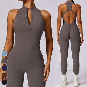 Femmes séchage rapide Spandex/Nylon Gym Fitness body col montant fermeture éclair creux dos entraînement combinaison une pièce Yoga pleine longueur - Product Image 2