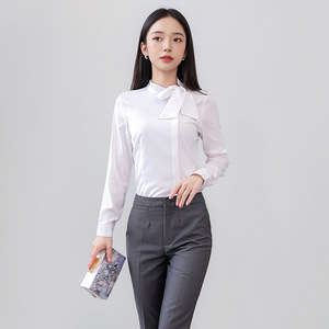 Bow <b>Tie</b> Long Sleeve Blouse Women Slim Fit Solid Color No Wrinkle Treatment Hotel Uniform Front Desk Cashier Shirt Blue White - Product Image 2