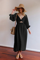 Vente en gros de robe de mode élégante à manches longues pour femme, col en V, robe grande taille pour femme, robes décontractées amples
