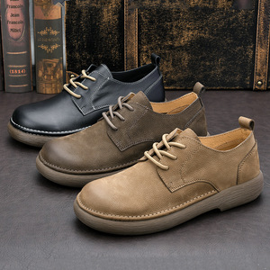 Retro Men's Leather <b>Shoes</b> Round Toe Lace-up <b>Soft</b> Cow Leather Rubber Sole Walking Style Casual <b>Shoes</b> - Product Image 1