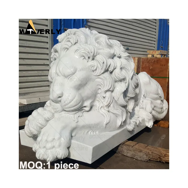 Waverly Handcarved Outdoor Garden Decoration Sculpture White Marble Stone Art Half Body Lying Lion Sculpture Statue For Sale