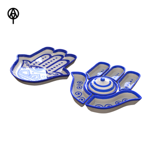 Commercio all'ingrosso blu ceramica <span class=keywords><strong>Hamsa</strong></span> piatto a mano malocchio arte mediterraneo vassoio spirituale personalizzato Fatima piatto a mano per gioielli monete - Product Image 3