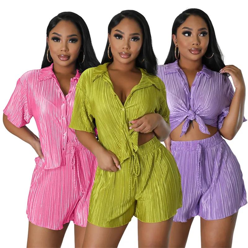 ladies clothes women custom summer 2023 casual lounge two 2 piece pleated knot bandage shirt and shorts set outfit for women