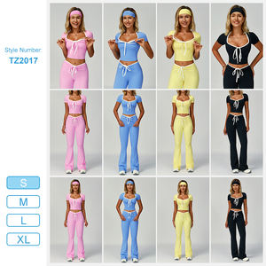 Tz2017 Yoga 2 pezzi set di colore contrasto manica corta Top Cropped con fascia per capelli a forma di V in vita a forma di abbigliamento da palestra all'aperto - Product Image 4