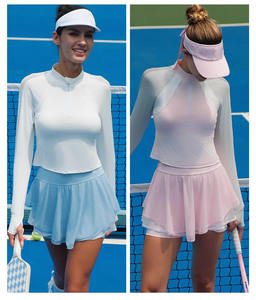 Setelan Tenis 2 Potong untuk Wanita Kerah Tegak Atasan Lengan Panjang dan Rok Gaya Balet dengan Perlindungan UV Logo Kustom - Product Image 5