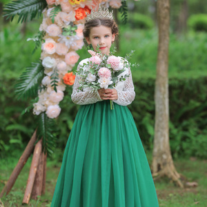 Robe de demoiselle d'honneur pour filles, coupe trapèze, col rond, haut en dentelle, jupe verte, robe de mariée pour enfants de 3 à 12 ans - Product Image 2