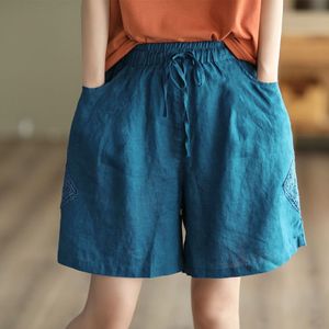 Women's Cotton Linen Shorts Blue Breathable Loose Fit With Pockets Casual Summer Pants - Product Image 1