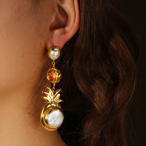 Orecchini Pendenti Placcati Oro alla Moda con Perla Naturale a Forma di Ananas e Vetro Ambrato, <span class=keywords><strong>Gioielli</strong></span> di Tendenza per Donne, Ideali per la Vendita all'Ingrosso - Product Image 5