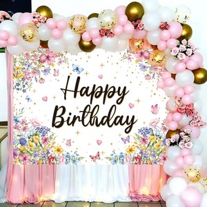 Fondo de fotografía de papel floral primavera 7x5FT personalizado para fiestas de cumpleaños de niñas con decoración de mariposas en Stock - Product Image 3