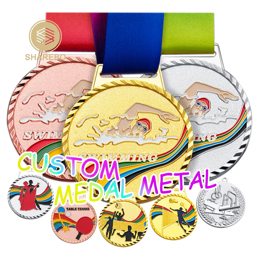 Kim loại thủ công Huy chương vàng cho bơi lội tùy chỉnh vàng, bạc, huy chương đồng kẽm hợp kim sản xuất huy chương