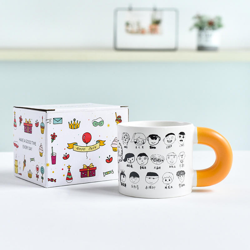 Matte white chubby cup with orange handle cartoon color box