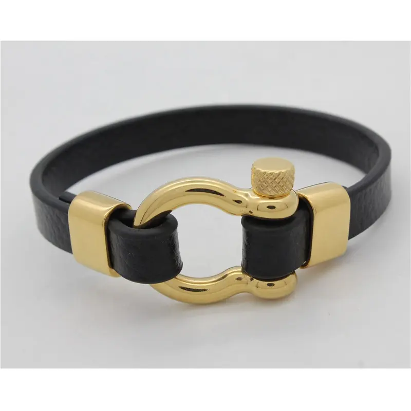 New Arrival High Quality Men Leather Bracelet With Stainless Steel Shackle