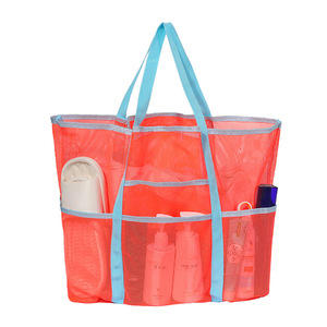 Grand sac fourre-tout de plage en maille brodée de couleur unie, sac à bandoulière portable en polyester avec poche zippée pour le shopping et les voyages - Product Image 4