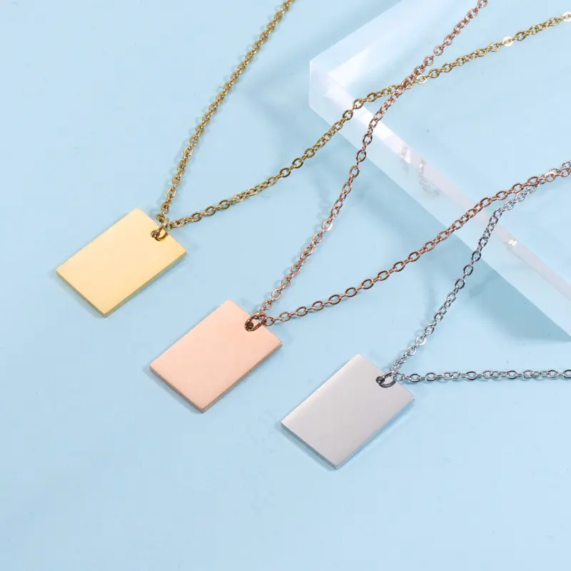 Customize Logo 45 CM 2MM Thick Chain Stainless Steel Geometric Ttags Necklace Gold Tone Long Rectangle Steel Pendant Necklace