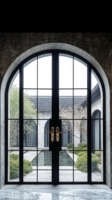 Puerta de Vidrio con Arcos Franceses en Negro Brillante para Entrada, Diseño Interior con Diseño Gráfico, Característica Resistente al Viento, Garantía de 5 Años