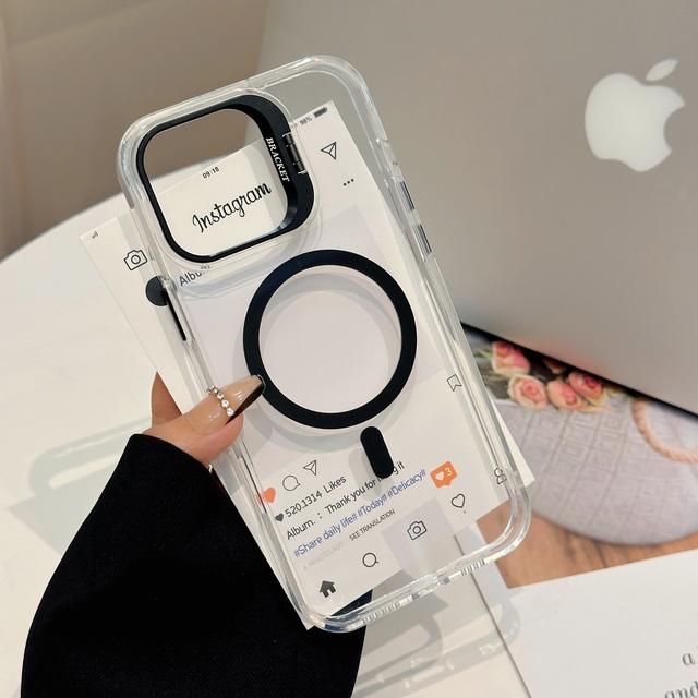 Metal Button Frame TPU Acrylic Clear Transparent Mobile Back Cover Camera Ring Holder Magnetic Cell Phone Case for iPhone