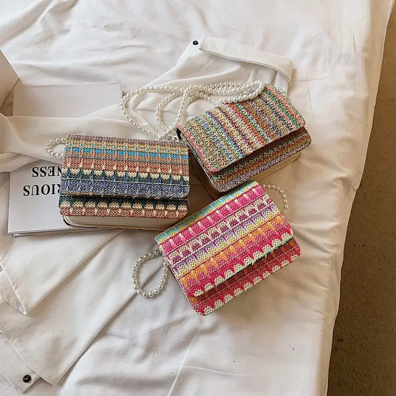 Women's Shoulder/Crossbody Bag Rainbow Color Stripe Square Pearl Chain Woven Wholesale Ethnic Style 2022 New Fashion Female Bags