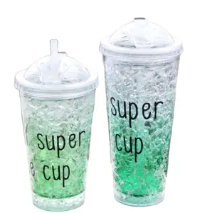 450ml 550ml Double Wall Plastic Ice Cup,High Quality Party water bottle Plastic Freezer Mug with straw