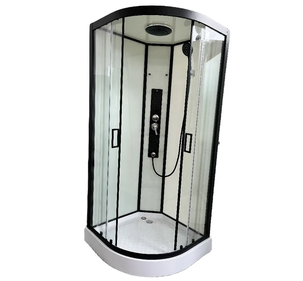 Bamboo Floor Red Back Tempered Glass Steam Shower Room Shower Enclosure Cabin With Massage