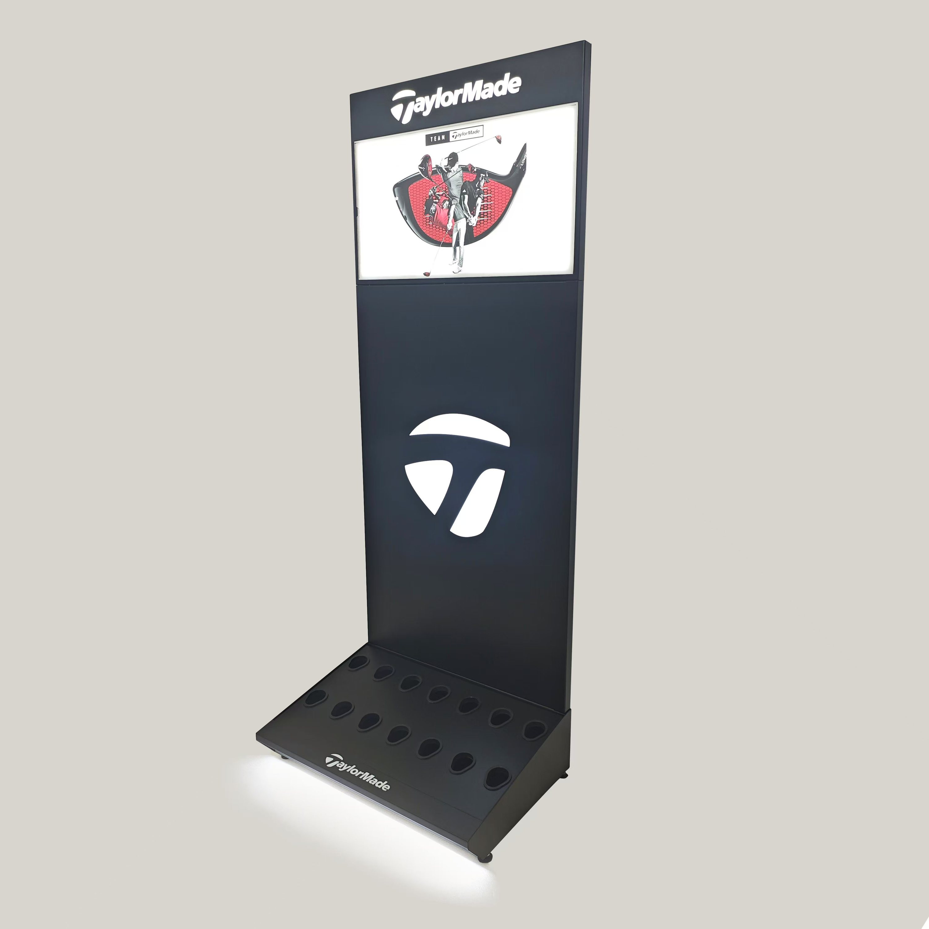 Metal L-shape Floor Standing Golf Club Display Stand with LED for Storage