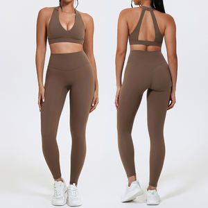 Stevige Geborstelde Snel Droogende Ademend V-hals Racerback Yogakleding 2-delige Set voor Vrouwen Professionele Gym Trainingssets - Product Image 1