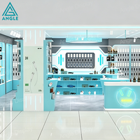 Présentoir mural haut de gamme pour accessoires numériques, vitrine pour appareils intelligents, unité de présentation en bois avec éclairage LED pour showroom de technologie
