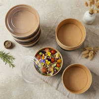 Bol à salade jetable rond en papier kraft noir imprimé avec couvercle, en film CPET, compatible micro-ondes, 1100 ml, vente en gros