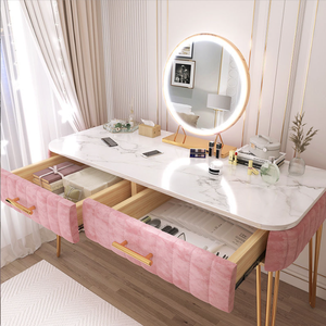 <strong>Make</strong> <strong>up</strong> <strong>Vanity</strong> Table with Marble Top Round Mirror Velvet Dressing Desk Bedroom Furniture - Product Image 2