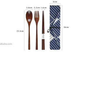 Utensílios de mesa de madeira, ecológico, de alta qualidade, populares, utensílios reutilizáveis de escritório ao ar livre, com hashi, colher e garfo em pano