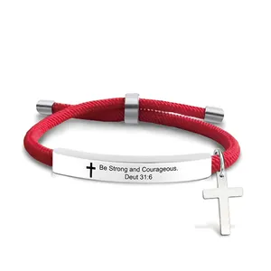 Ywganggu Stainless Steel Custom Hand Woven Red Cross Bracelets For Men Women Cotton Rope Adjustable Charm Letter Bracelets