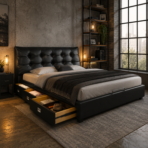 <span class=keywords><strong>Letti</strong></span> Moderni Neri <span class=keywords><strong>Imbottiti</strong></span> con Contenitore, Testiera Trapuntata a Bottoni, Cassetti Laterali, Struttura Letto Matrimoniale/King Size per OEM ODM - Product Image 6
